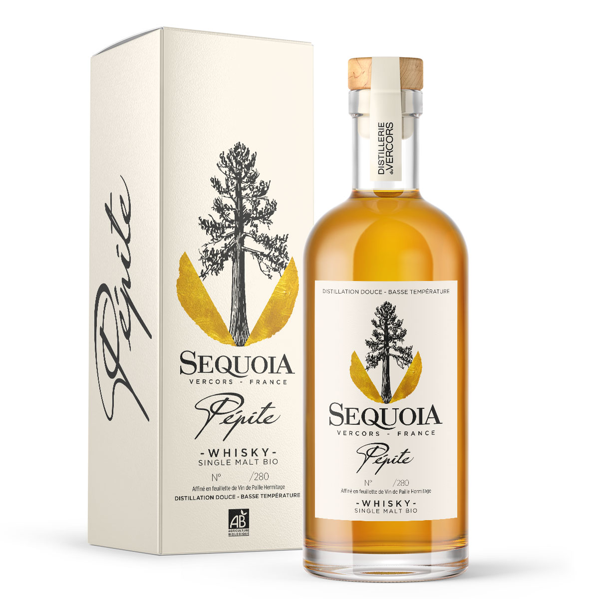 Sequoia_Whisky_Vercors_Pepite Packshot de la bouteille de whisky Séquoia, cuvée Pépite, 280 bouteilles